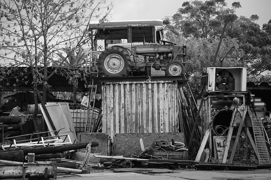 scrap, bus, tractor, black and white, monochrome broken, parts, pipes, iron, vehicle, people