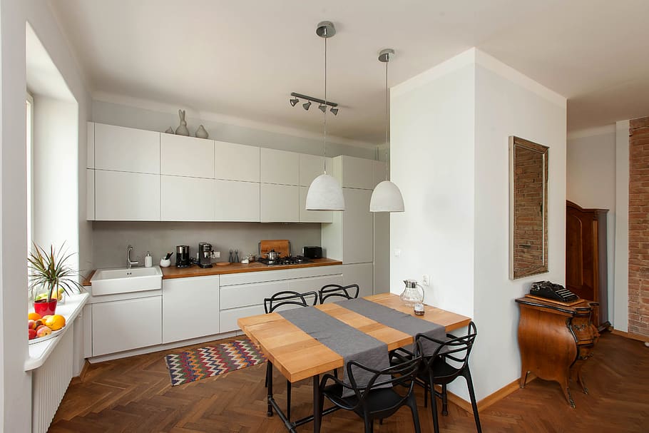 kitchen, eating, dining room, wood, style, the scenery, the interior of the, the walls of the, architecture, apartment