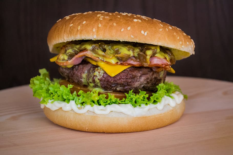 ham burger, bacon, lettuce, burger, hamburger, food, lunch, meat, meal, cheeseburger