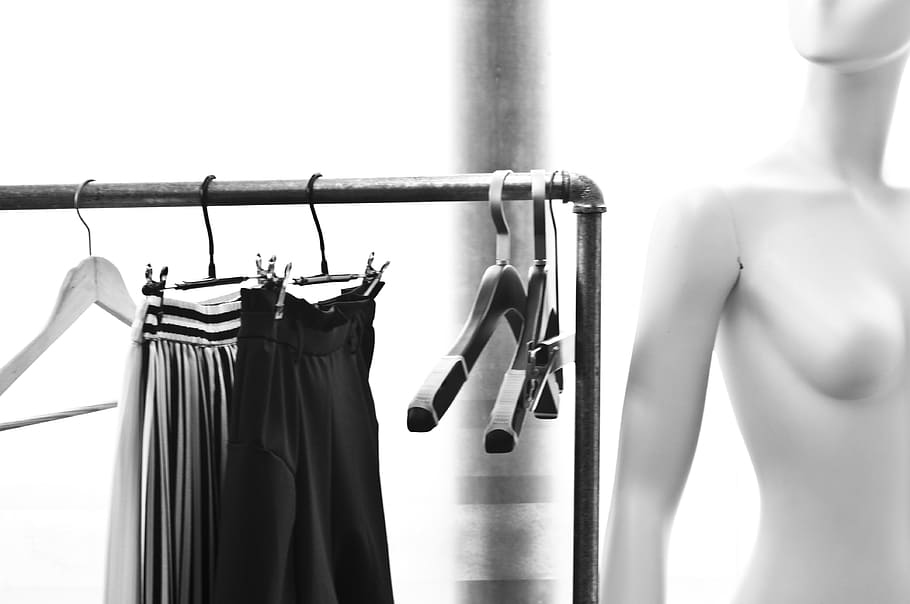 black, gray, bottoms, hangers, clothes rack, Black And White, Model, Hanger, Skirt, clutter
