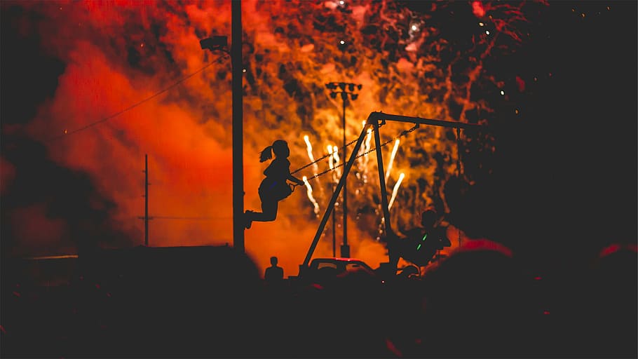 silhouette, girl, swing, female, red, background, fireworks, smoke, light show, night