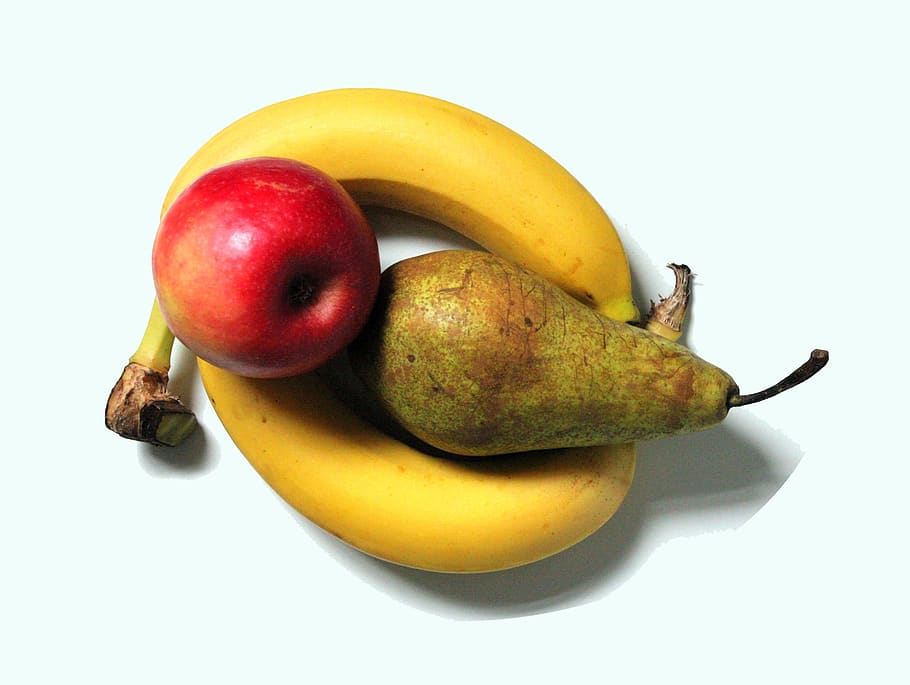 fruta, pera, plátano, manzana, selección, comida, saludable, nutrición, vitaminas, portada del libro