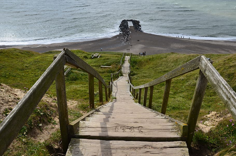 brown, wooden, stairs, towards, seashore, denmark, north sea, cliff, wood stairs, beach