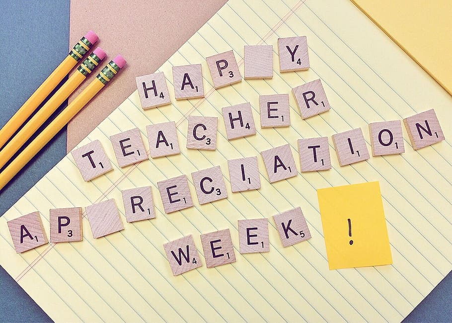 senang, scrabble minggu apresiasi guru, minggu apresiasi guru, guru, pendidik, sekolah, di dalam ruangan, teks, pensil, kelompok besar objek