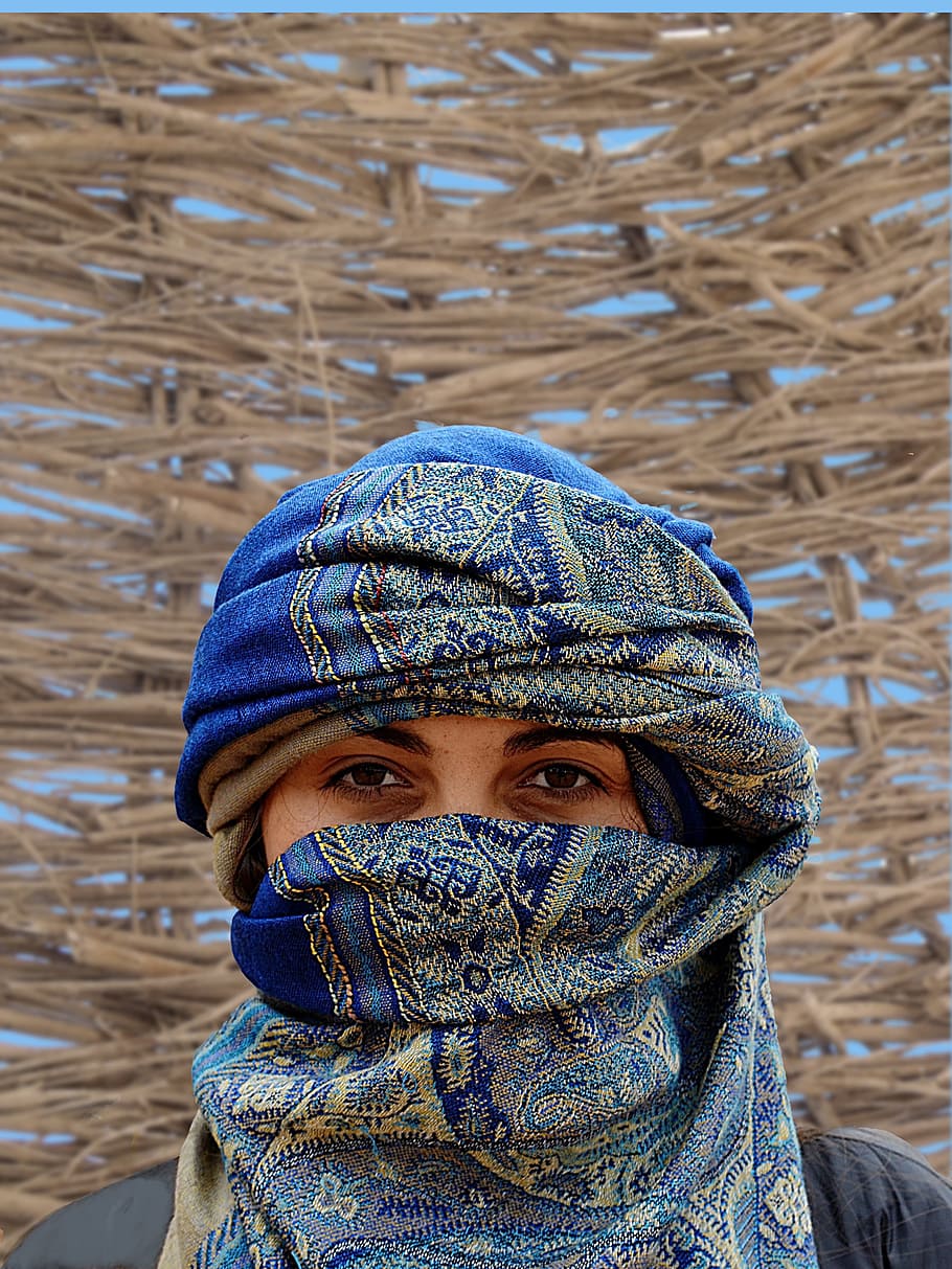 close, person, wearing, blue, green, floral, scarf, close up, nature, africa