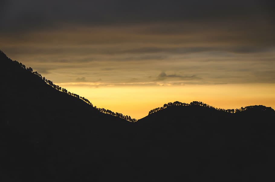 silhouette, mountain, cloudy, sky, nature, landscape, trees, sunset, travel, adventure