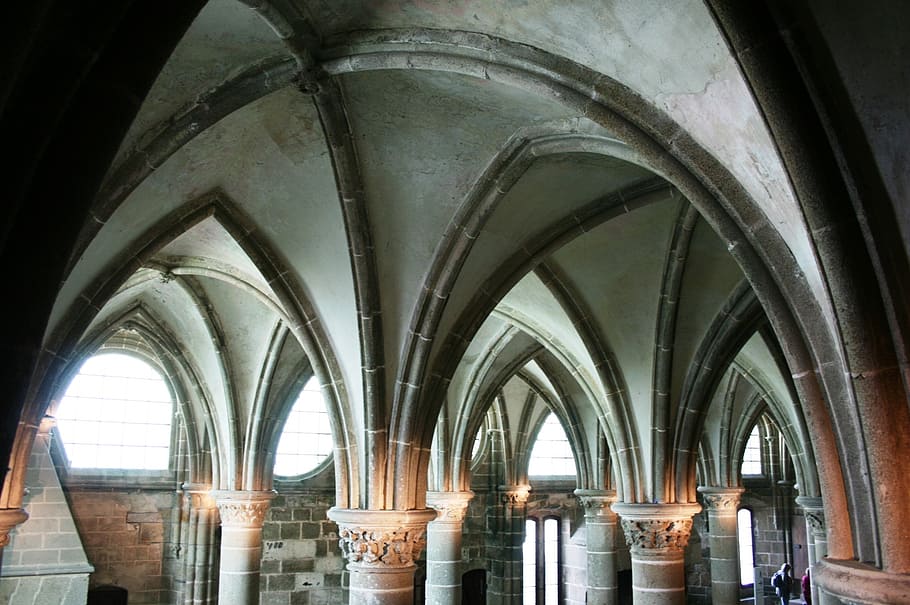 mont saint-michel, abbey, normandy, france, middle ages, medieval architecture, arch, day, architecture, indoors