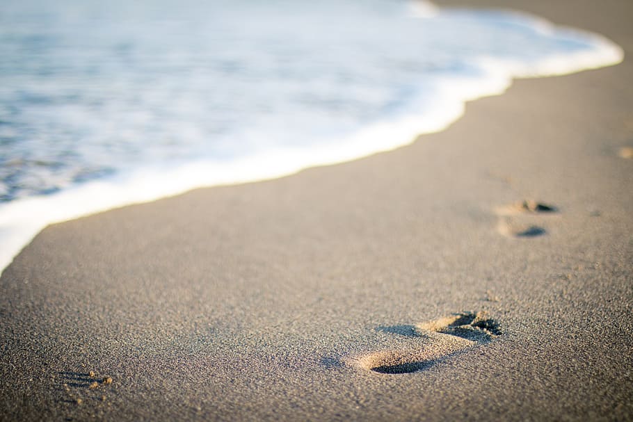 footprints, sand, seashore, daytime, sea, beach, vacation, water, summer, steps