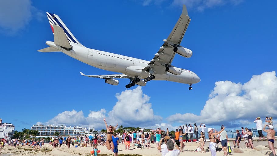 caribbean, st maarten, maho beach, aircraft, sky, clouds, action, spectacular, airplane, air vehicle