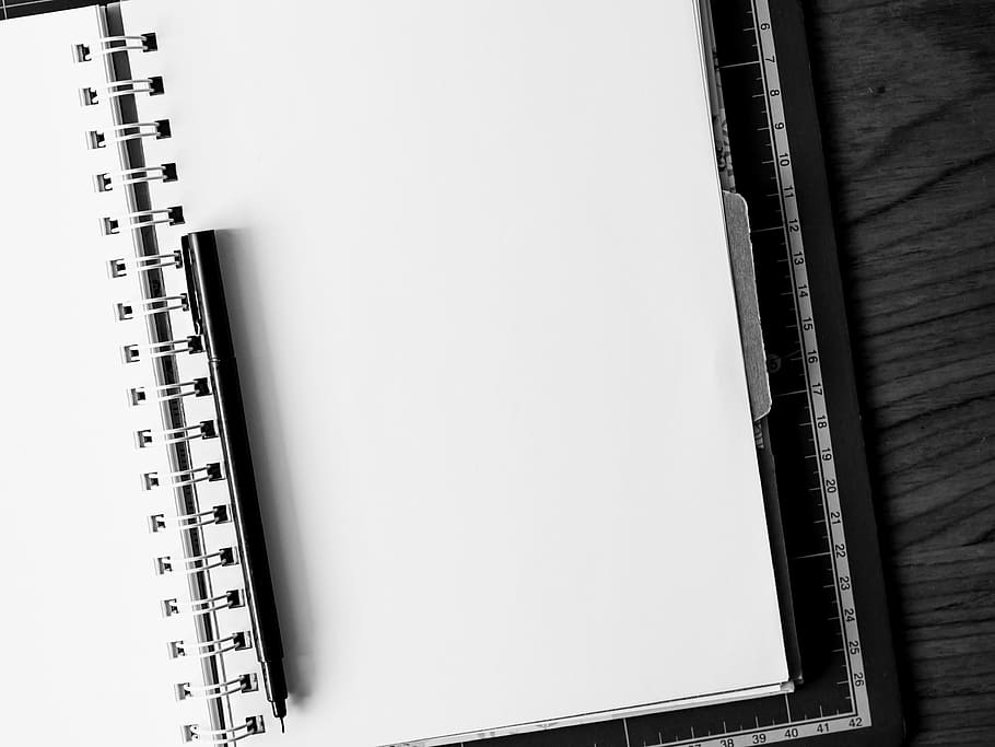 closeup, open, notebook, pen, empty, white, note book, black, table, blank