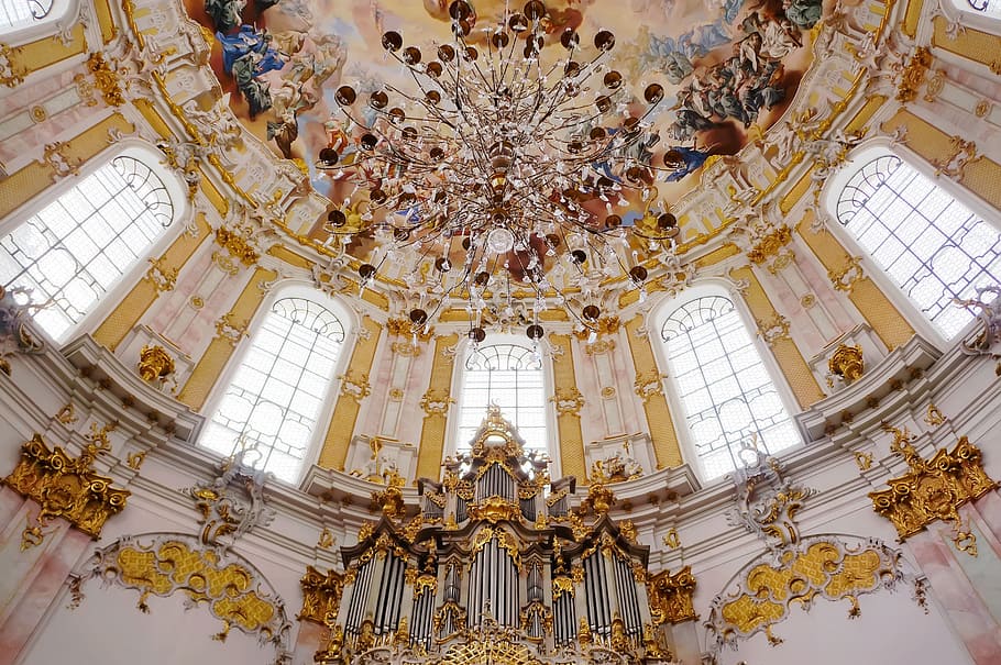low, angle photography, coliseum chandelier, roof, church, ettal, lampshade, light, dom, dome