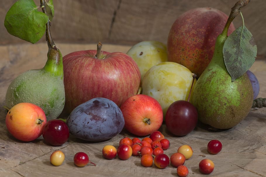 assorted fruits, still life, fruit, apple, frisch, pears, plums, berries, walnut wood, healthy eating