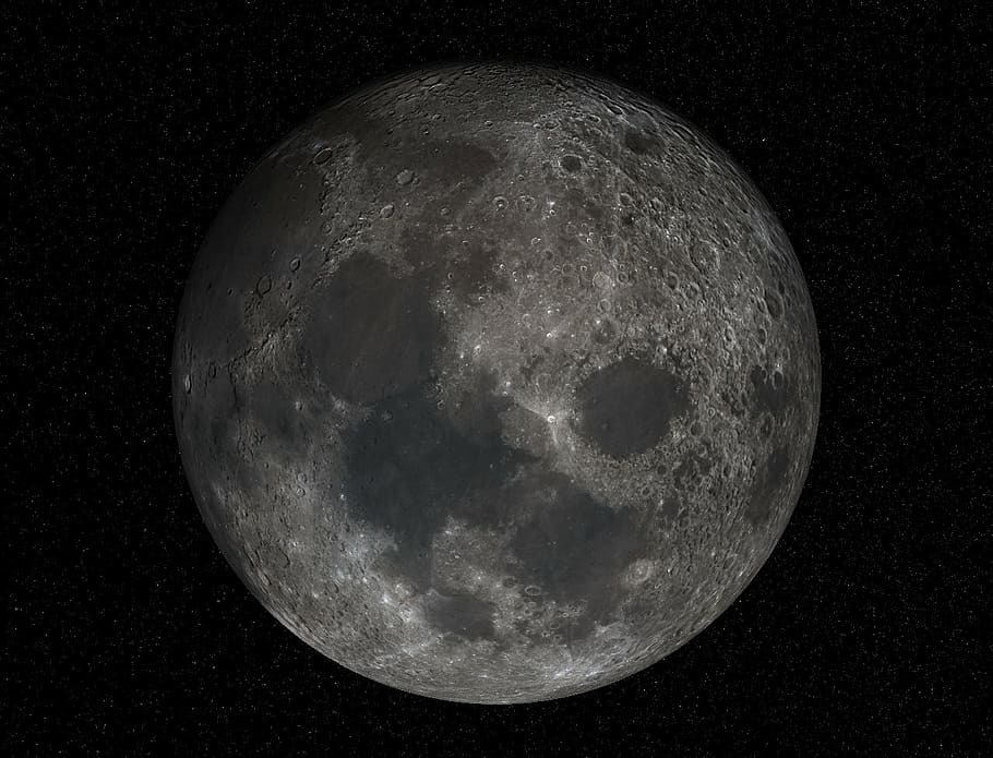 round gray planet, moon, full moon, crater, maare, meteorite impact, earth companion, earth, space, universe