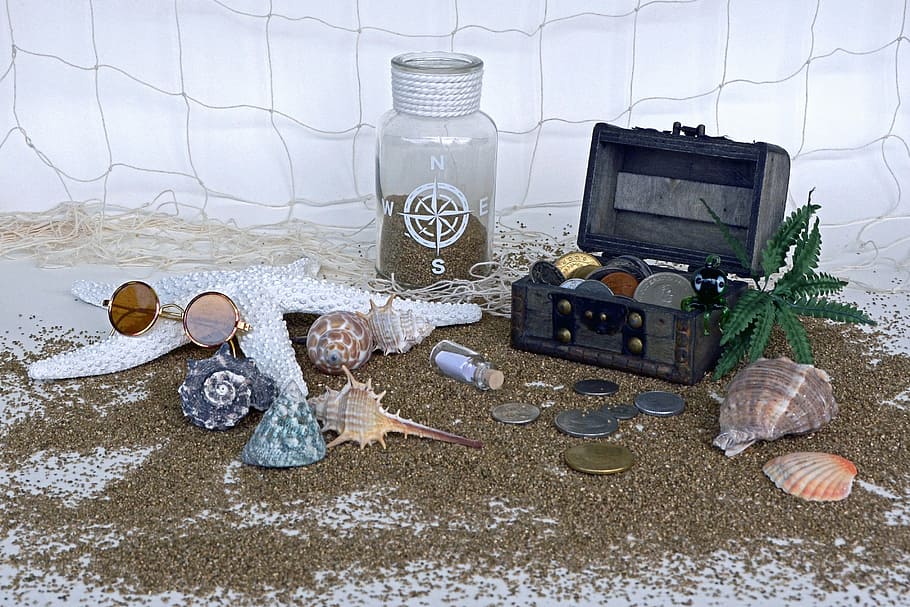 black, shells, coins, glasses, treasure chest, sand, squid, palm, starfish, mussels