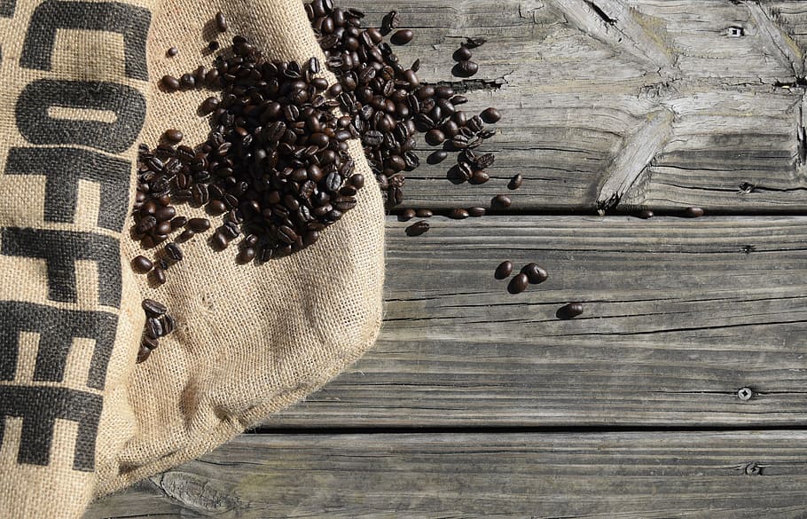 top, view, coffee seeds, coffee, beans, espresso, roasted, caffeine, burlap, wood