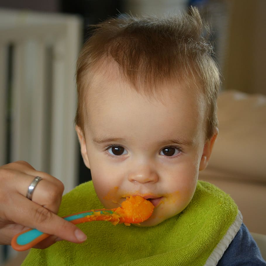 person, left, hand, holding, food, filled, feeding, spoon, baby, mouth