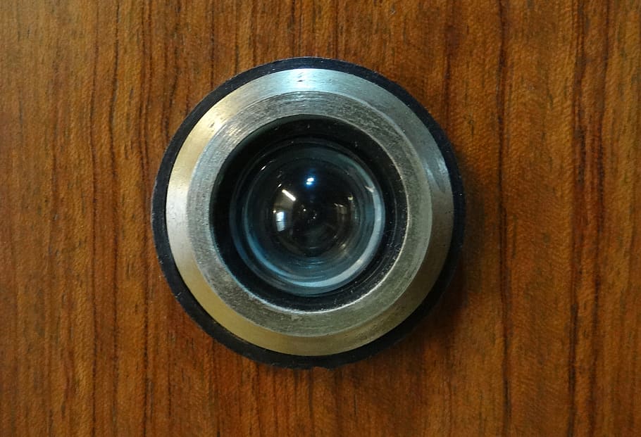 round, gray, black, door lens, magic-eye, peephole, door, device, close-up, wood - material