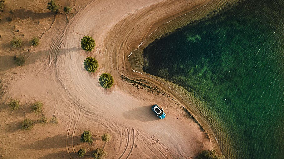 drone, aerial, car, mini, travel, adventure, desert, sand, tracks, lake