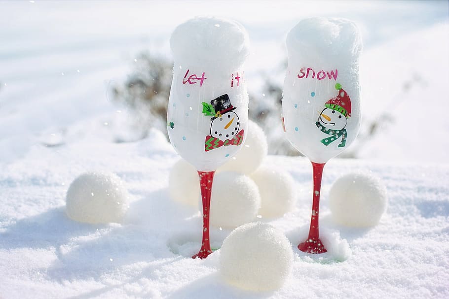 two, clear, wine glass, snows, winter, snow, goblets, snowballs, cold, season