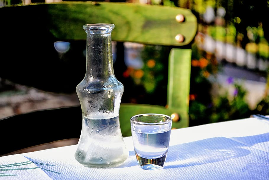 shot, alcool, greek, ouzo, greece, table, bottle, glass, silent, static