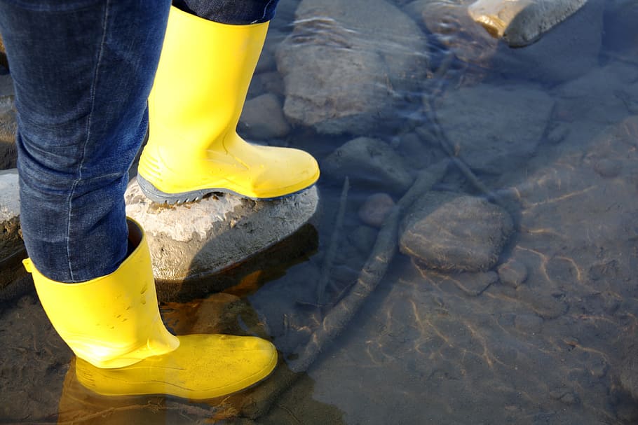 person, wearing, pair, yellow, rain boots, Rubber Boots, River, Water, Wet, boots