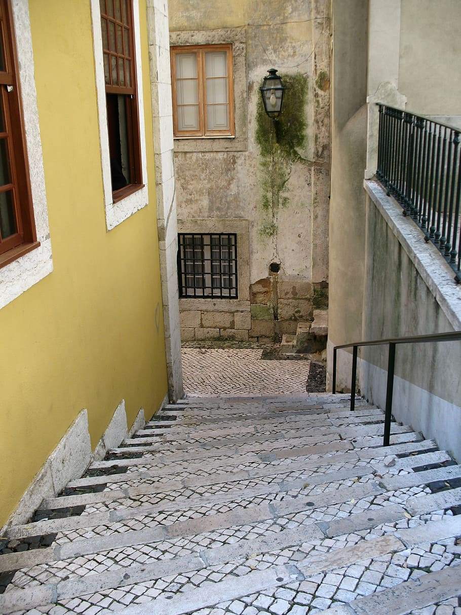 Palco, Escada, Para baixo, Descida, grade, lisboa, portugal, porta, janela, casa