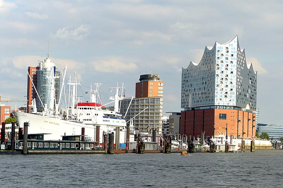 building, elbe philharmonic hall, concert hall, hamburg, port, harbor, nautical Vessel, ship, commercial Dock, sea