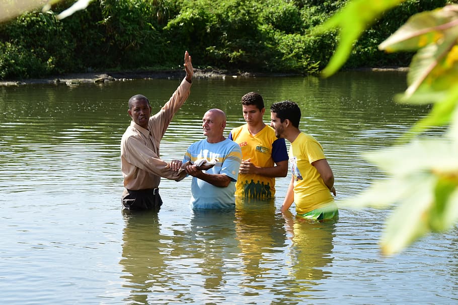 four, men, body, water, cuban, river, baptism, group of people, lake, togetherness