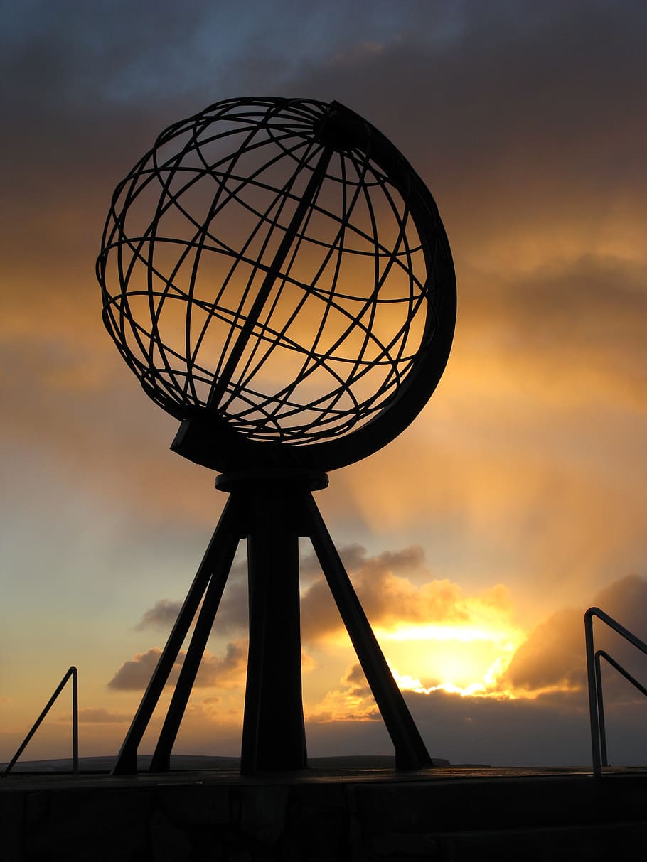 North Cape, Monument, Globe, Norway, holiday, mageroya, scandinavia, polar, silhouette, sunset