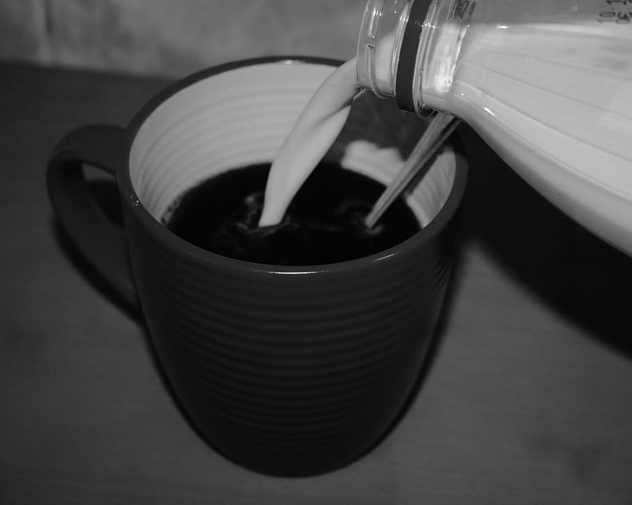 kopi, krim, susu, cangkir, mug, hitam dan putih, makanan dan minuman, minuman, minum, dalam ruangan