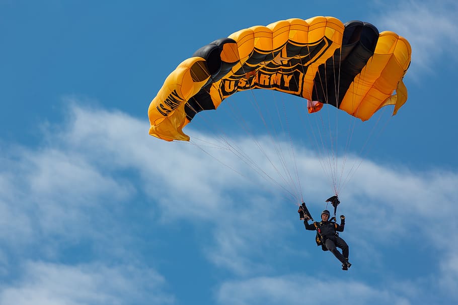 us army, parachute, skydiving, teamwork, coordination, jump, military, sky, team, landing