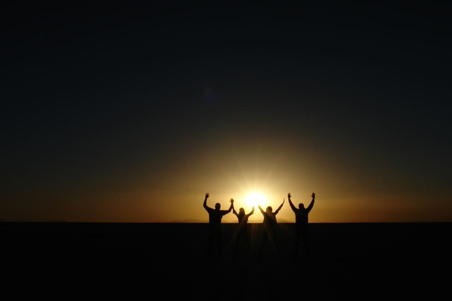 silhouette, four, person, raising, hand, sunset, setting sun, people, salar uyuni, horizon