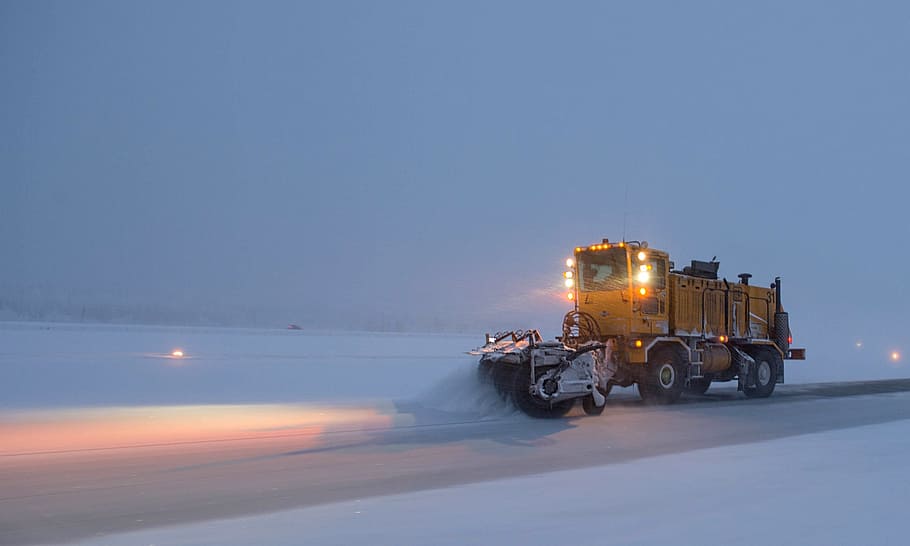 yellow, vehicle, disc plow, snowplow, road, night, truck, weather, storm, winter
