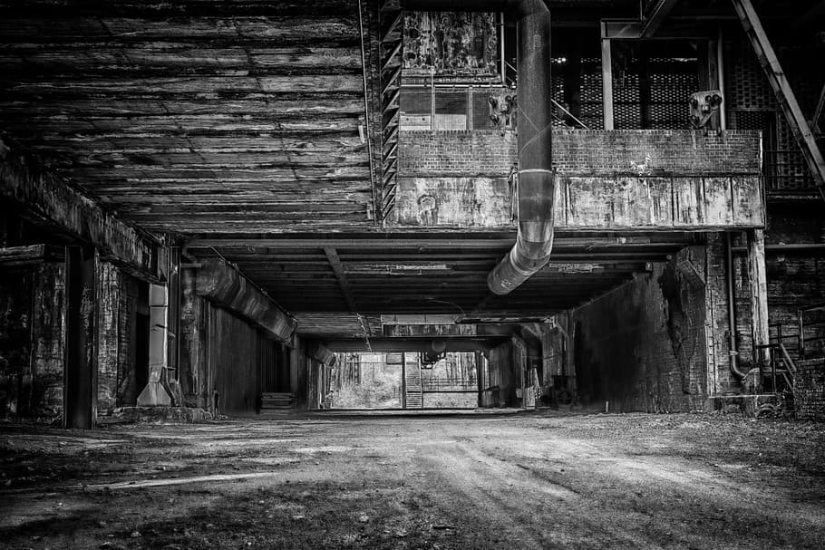 grayscale photo, factory, lost places, tunnel, dark, weird, mood, architecture, leave, atmosphere