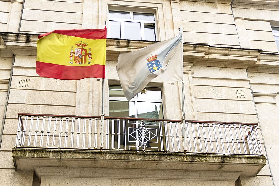 flags, spain, galicia, spanish, national, symbol, emblem, balcony, building, institution