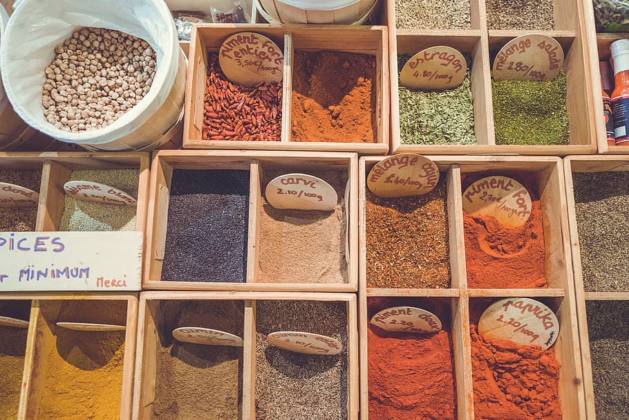 assorted-color powders spices, assortment, box, collection, container, dry, ginger, healthy, ingredients, market