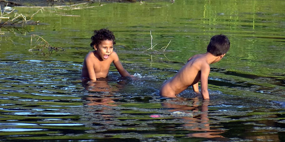 子供, 遊んで, 池, 気取らない, 二人, 水, 男性, 男の子, 上半身裸, 湖