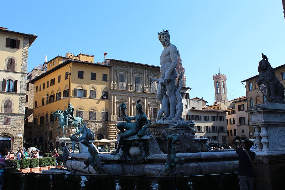 piazza della signoria, florence, italy, landmark, italian, tuscany, building, architecture, sculpture, statue