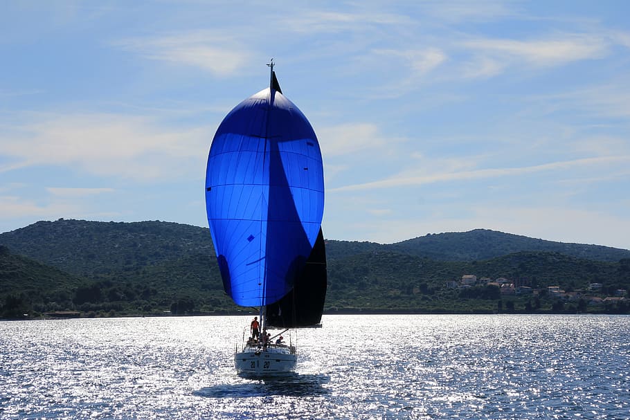 blue, white, sail, boat sailing, daytime, sailing boat, sailing vessel, ship, boat mast, boot