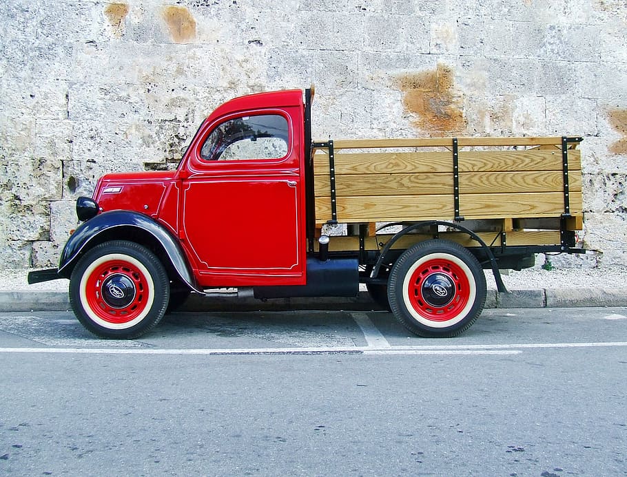 Rojo, camión de estaca, carretera, camión, camión rojo camión viejo, camión vintage, camión Ford, viejo, vehículo, transporte