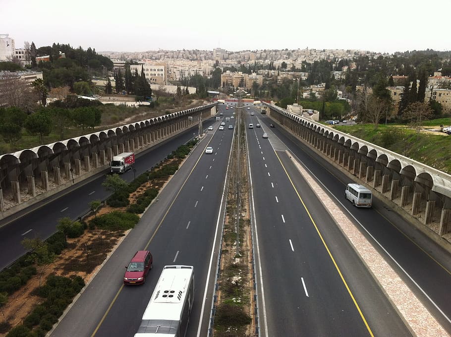 バス, 車, 道路, ルート, 交通, エルサレム, 開始, イスラエル, 通り, 高速道路