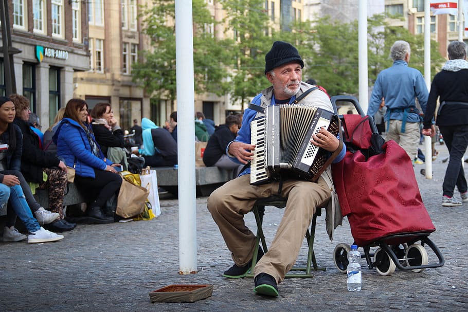 man sitting on, acordeon, people, money, music, player, person, musician, streets, playing