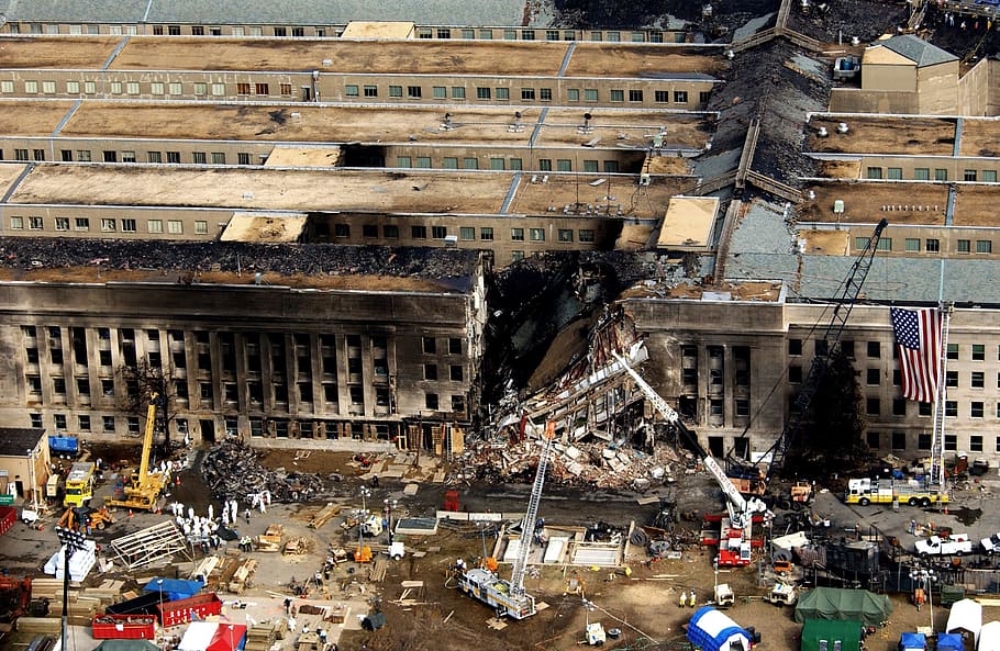 queimado, construção, lote de caminhão de bombeiros, estrutura, vista aérea, pentágono, parada, 11 de setembro de 2001, 9 11, marca