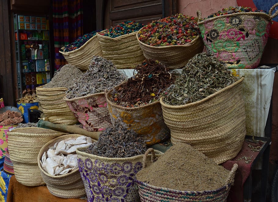 souk, market, morocco, spices, marraquech, street, typical, colors, shop, bazaar