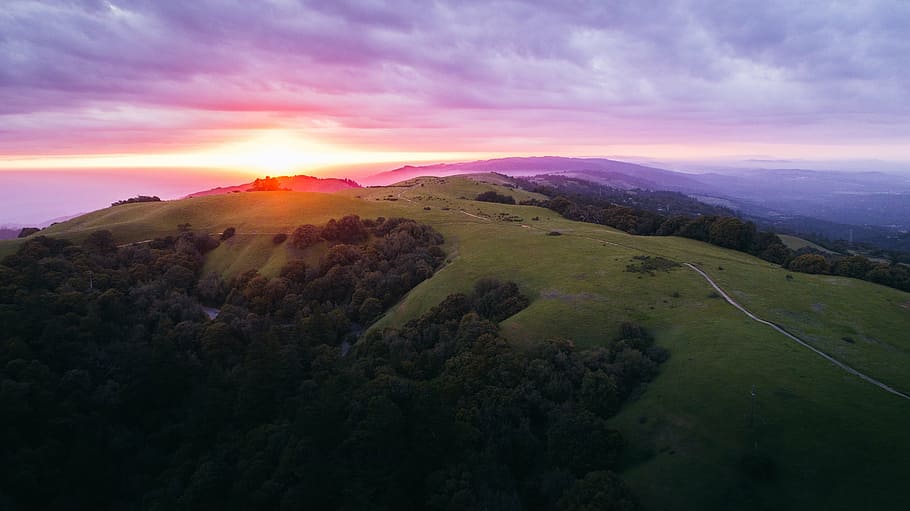 aerial, hills, green, trees, golden, hour, clouds, sky, sunset, view