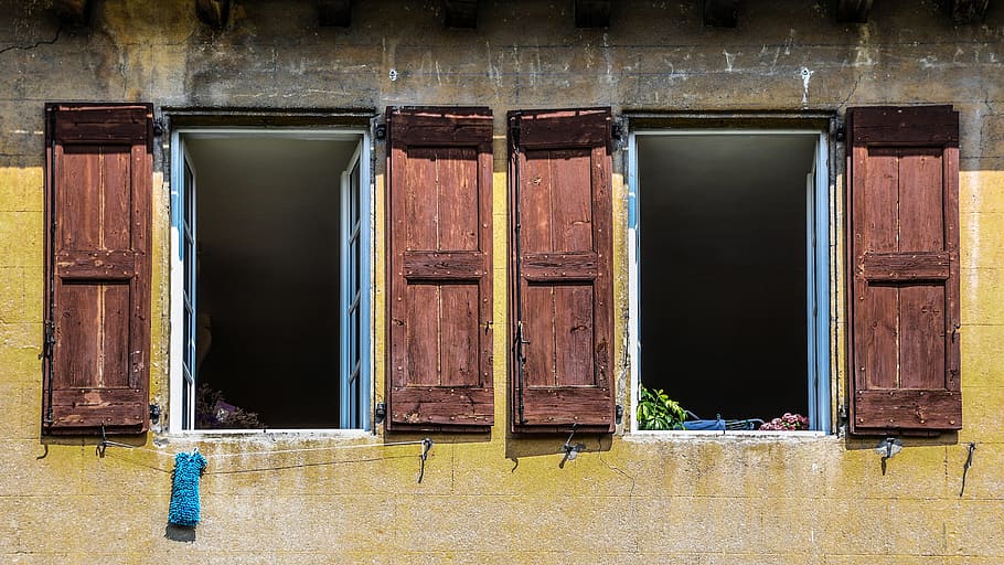 two, brown, wooden, french-window doors, window, open, old, pane, facade, house