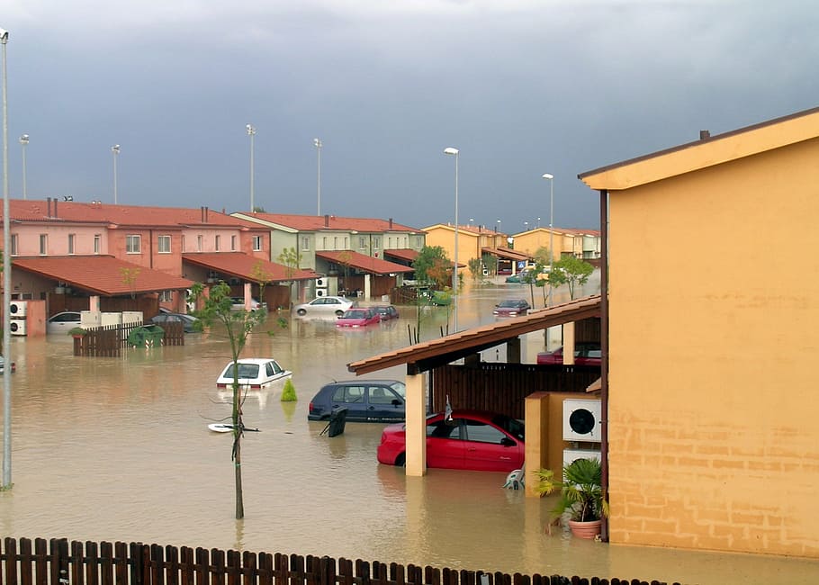 pueblo, cubierto, inundación, Sigonella, Sicilia, Paisaje, Casas, hogares, inundado, agua