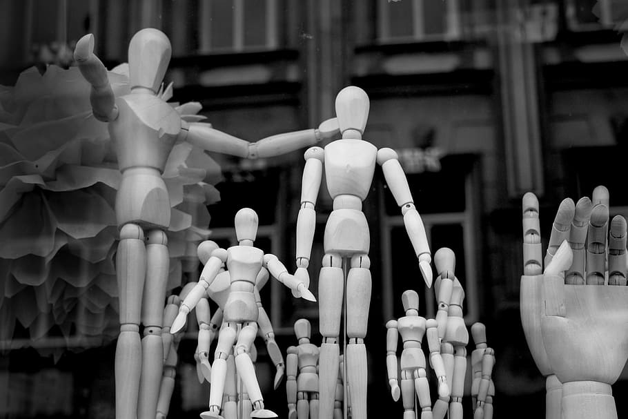 grayscale, brown, wooden, action figure, family, artist's mannequin, figure, drawing, society, knowledge