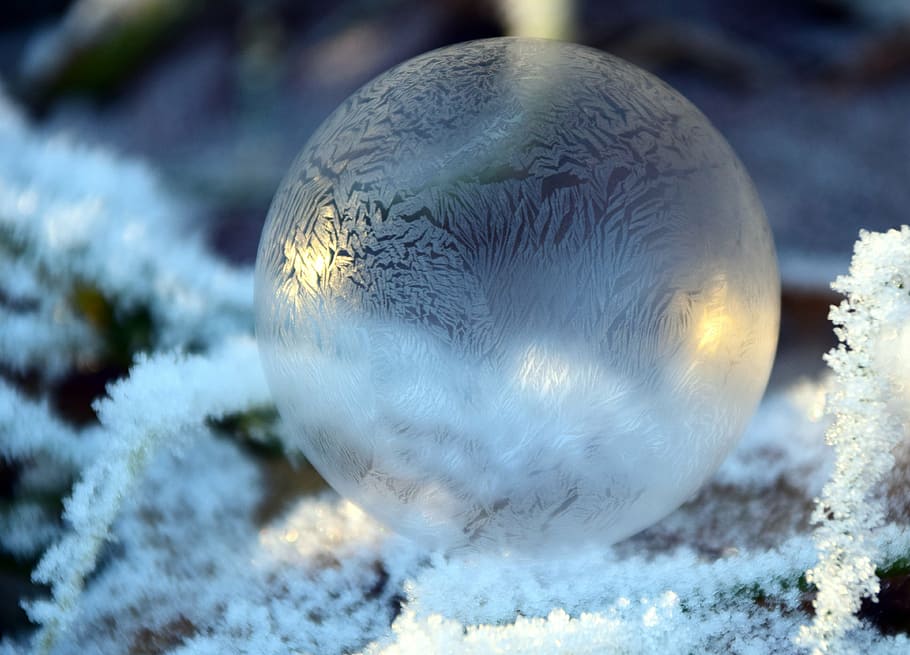 fotografía de enfoque, bola de nieve, burbuja, pompas de jabón, bolas, fondo, invierno, frío, heladas, pompas de jabón esmeriladas
