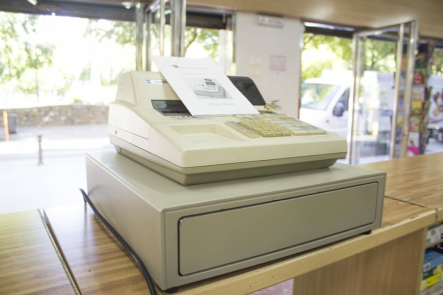 white, cash, register, placed, wooden, counter, Cash Register, Register, Machine, Old, machine